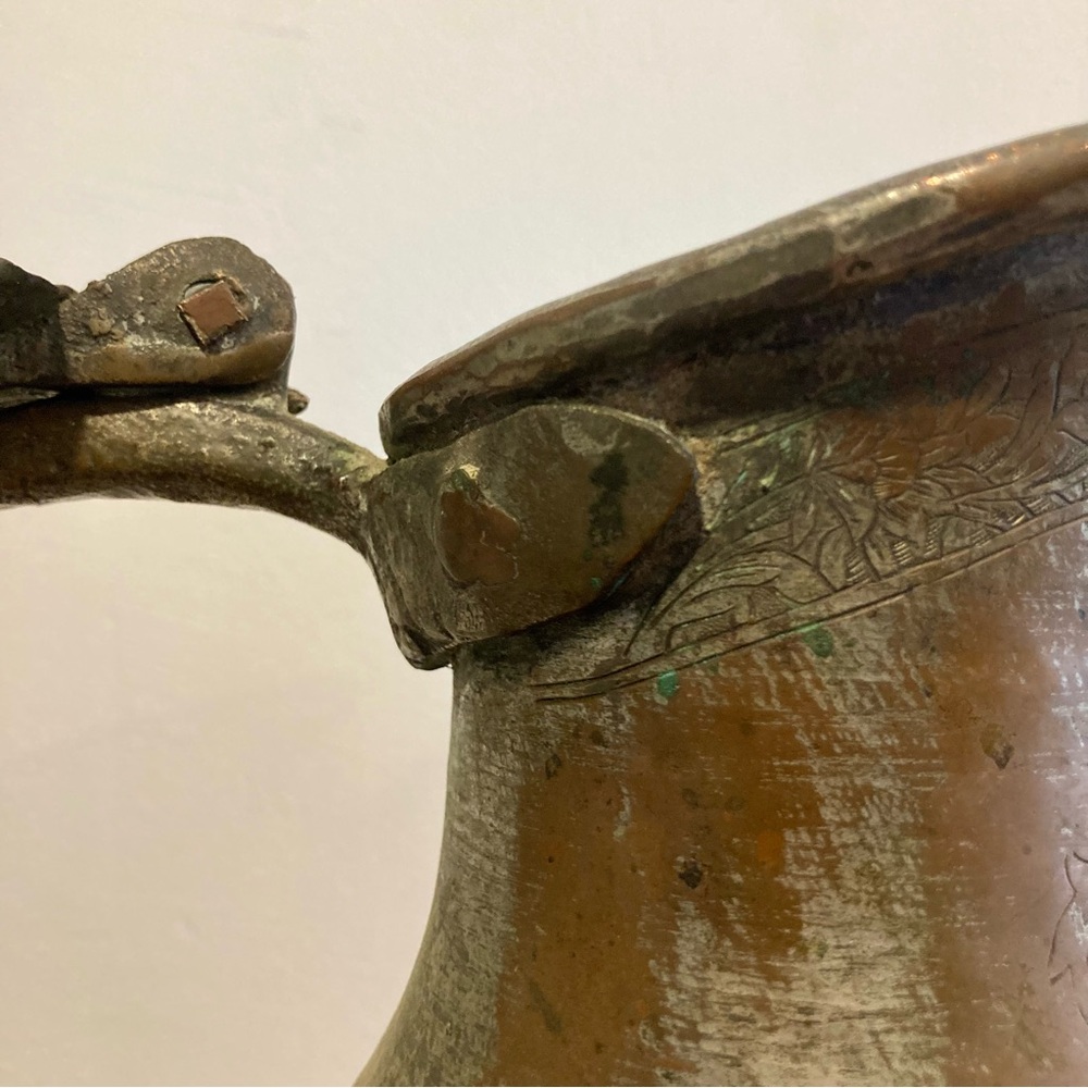 Hand Etched Vintage Metal Pitcher with Lid and Dovetail Joinery Middle Eastern - Picture 12 of 17